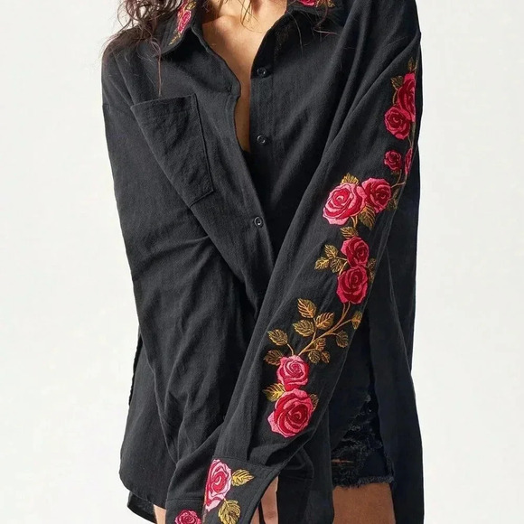 Black Casual Women's Loose Woven Asymmetrical Hem Long Sleeve Long Shirt - Picture 7 of 7